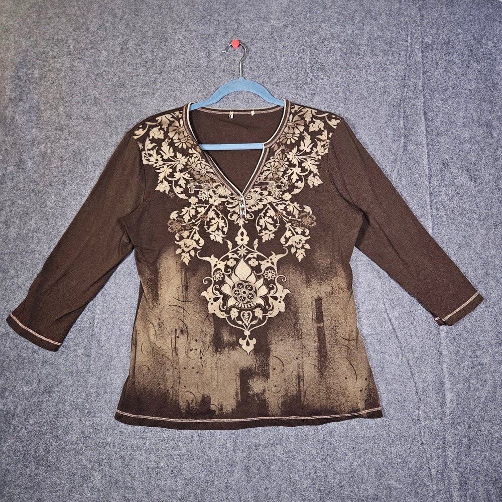 Womens Brown Floral y2K Earthy Fairy Grunge Boho Indie Ground Henley Top Sz XL